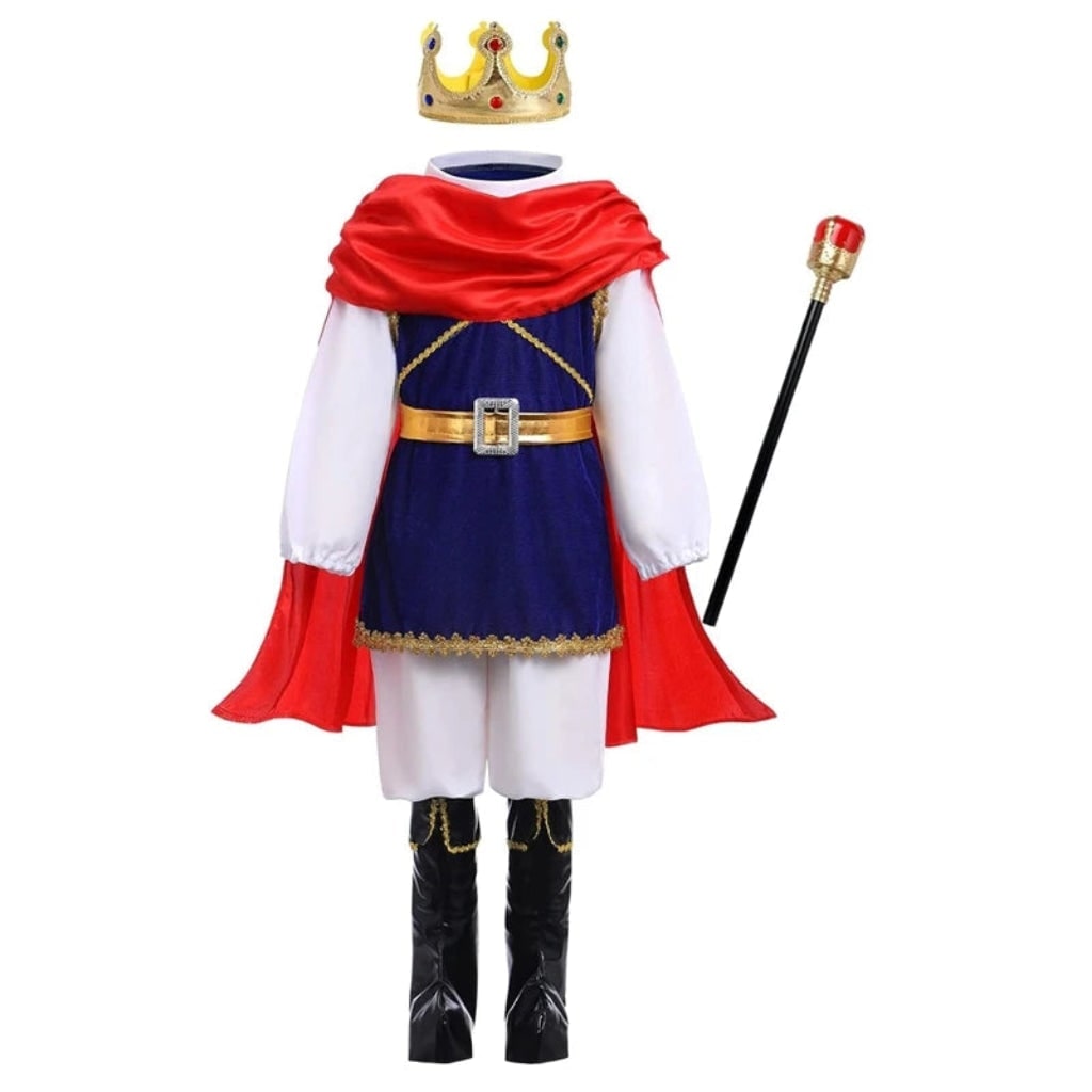 Kids' Halloween Royal Prince Costume Set with Gold Crown Scepter and Red Cape