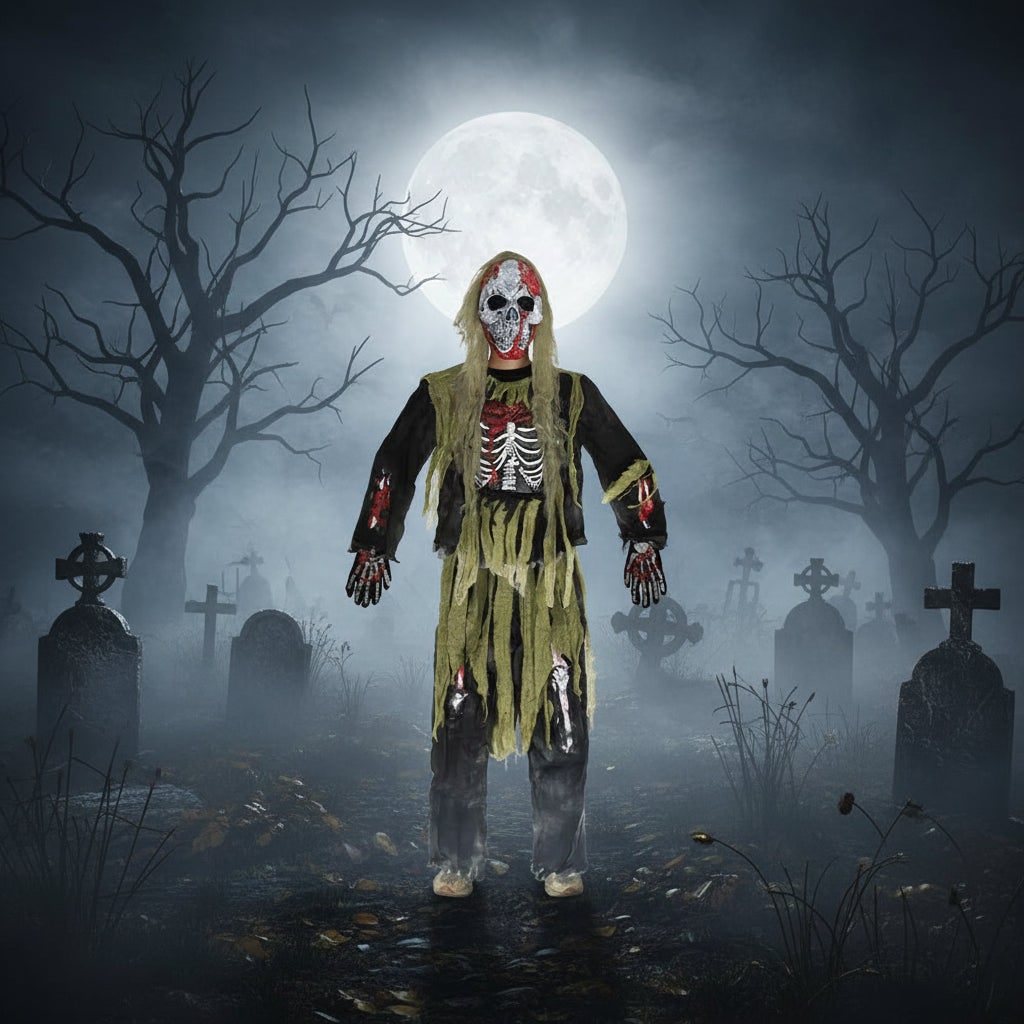 Kids' Halloween Zombie Skeleton Costume with Skull Mask and Gloves Three-Piece Set