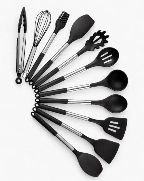 KITCHENORA – Complete Utensil Set with Silicone Heads & Wood-Style Handles