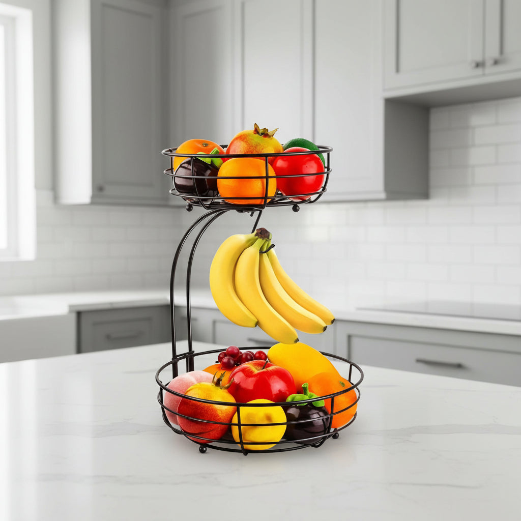 KITCHENOVA FRUIT HAVEN – 2-Tier Metal Fruit Basket with Banana Holder