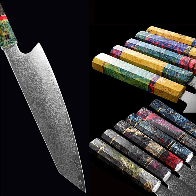 Kiritsuke ( きりつけ) Japanese Knife Damascus Steel with Coloured Ebony Handle