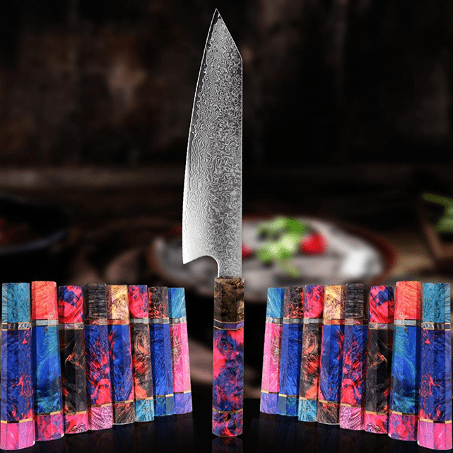 Kiritsuke ( きりつけ) Japanese Knife Damascus Steel with Coloured Ebony Handle
