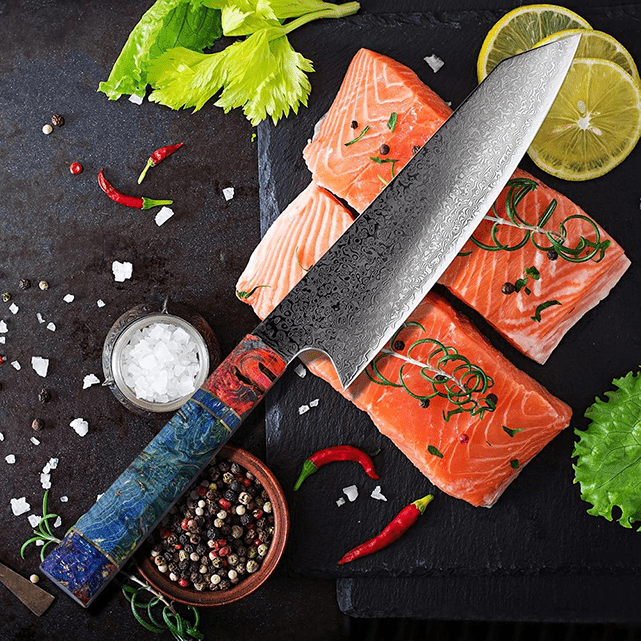 Kiritsuke ( きりつけ) Japanese Knife Damascus Steel with Coloured Ebony Handle