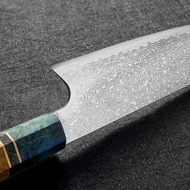 Kiritsuke ( きりつけ) Japanese Knife Damascus Steel with Coloured Ebony Handle