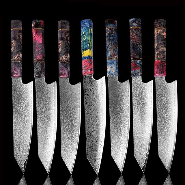 Kiritsuke ( きりつけ) Japanese Knife Damascus Steel with Coloured Ebony Handle