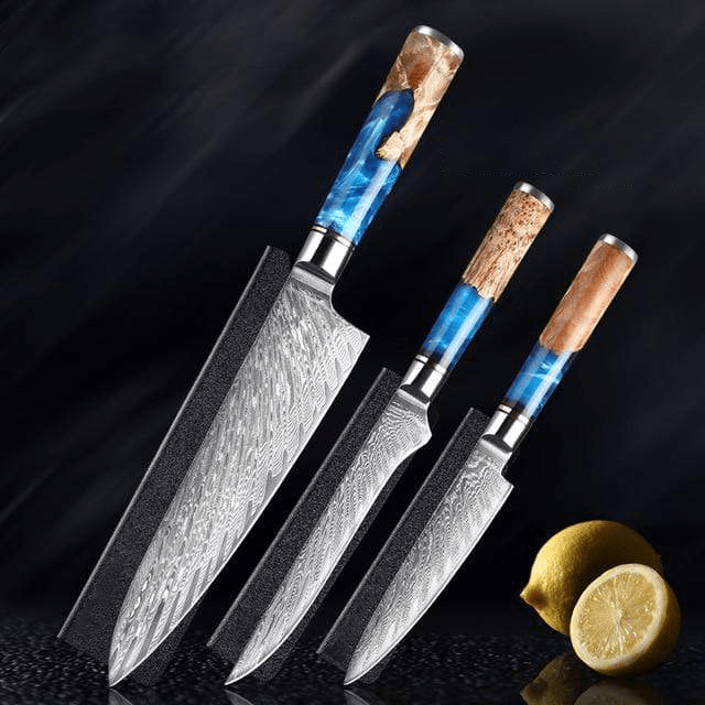 SAKUTO (作東) Japanese Damascus Steel Kitchen Knife Set With Blue Handle