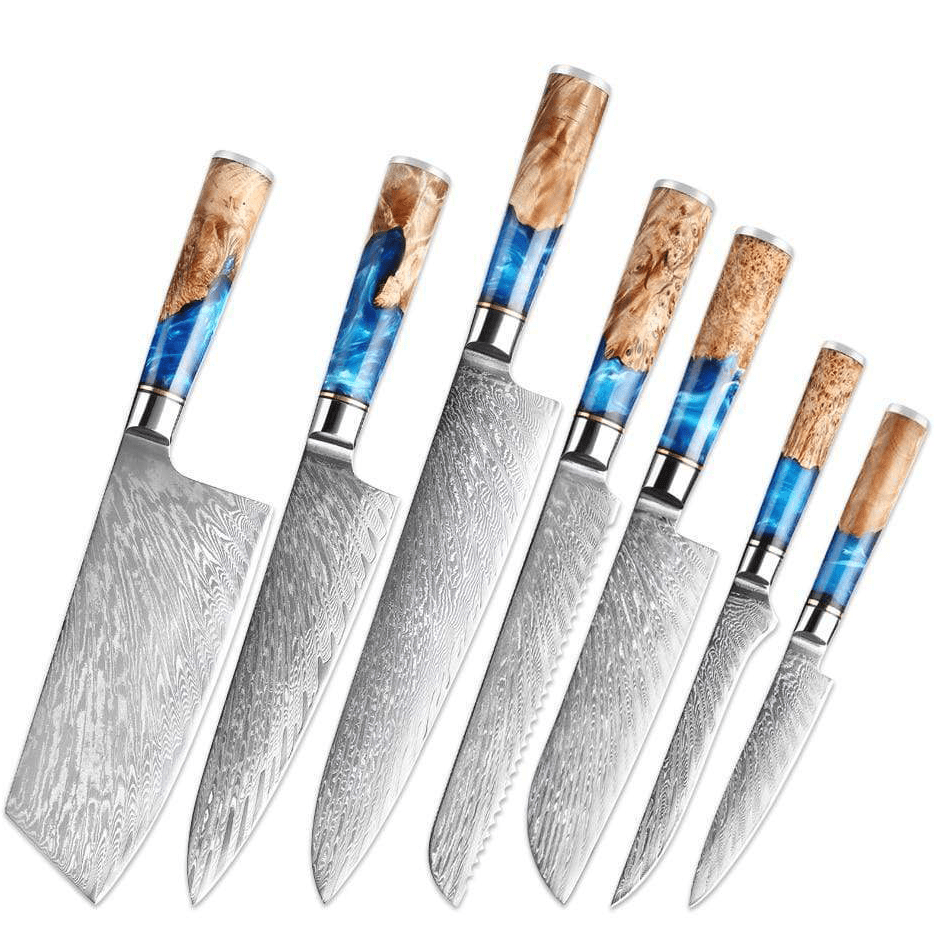 SAKUTO (作東) Japanese Damascus Steel Kitchen Knife Set With Blue Handle