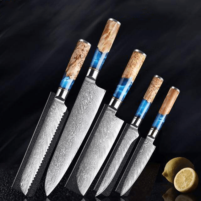 SAKUTO (作東) Japanese Damascus Steel Kitchen Knife Set With Blue Handle