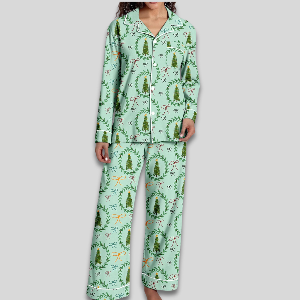 Women Cozy Soft Pajama Set - Christmas Button Down Two Piece