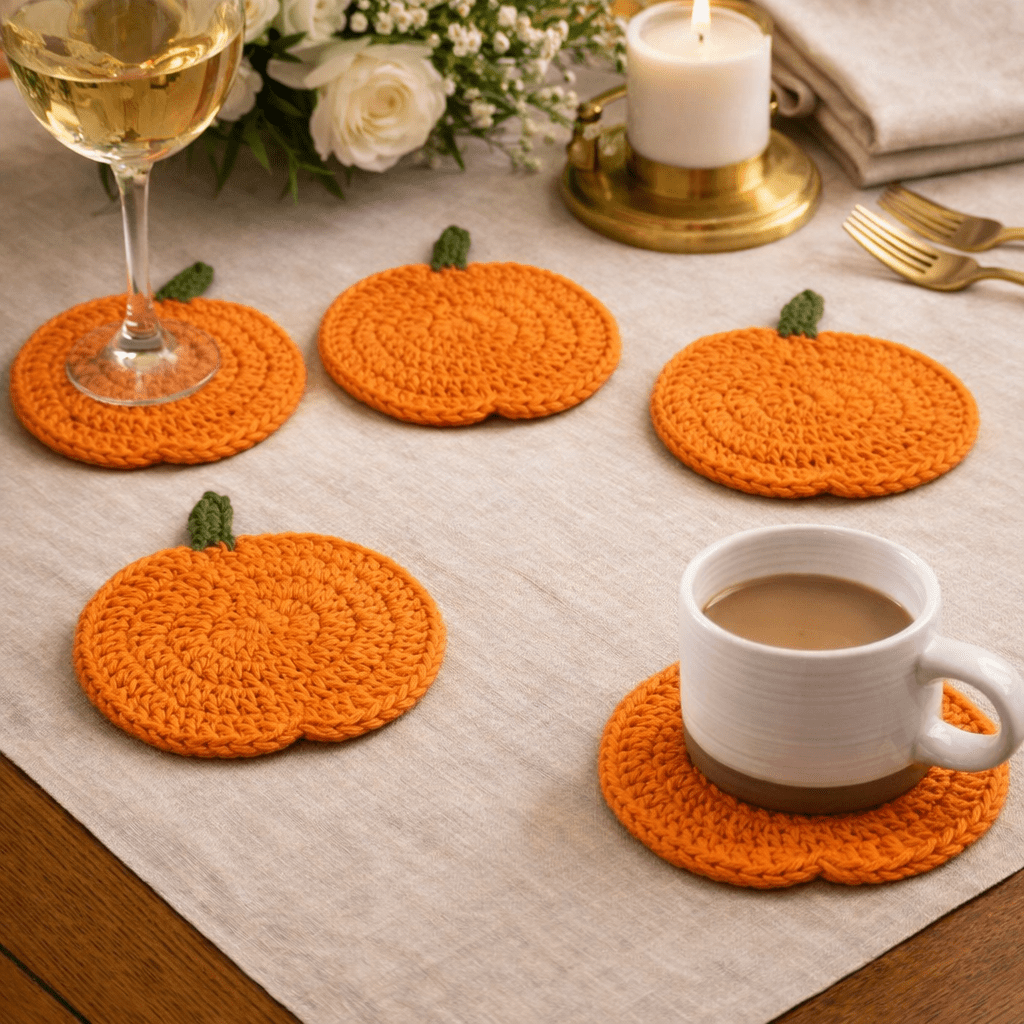 LOOMORA – Handmade Crochet Pumpkin Coasters for Fall Table Decor