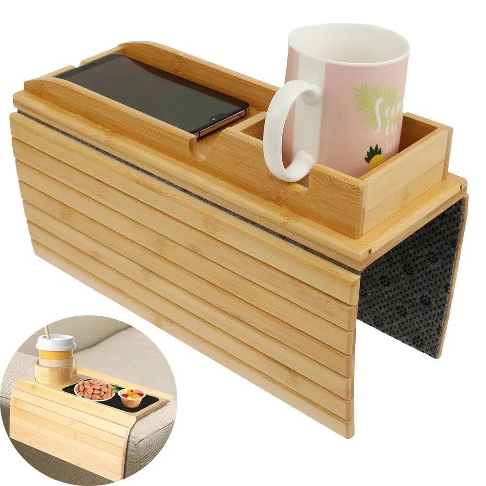 Foldable Bamboo Sofa Armrest Tray with Cup Holder and Anti-Slip Design