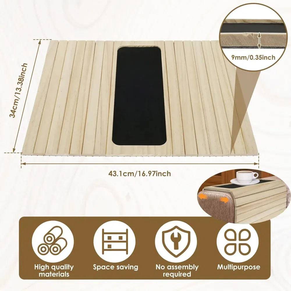 Foldable Bamboo Sofa Armrest Tray with Cup Holder and Anti-Slip Design