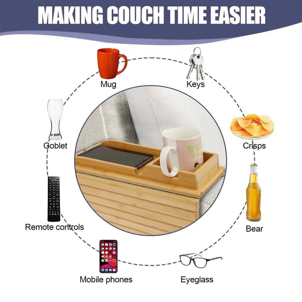 Foldable Bamboo Sofa Armrest Tray with Cup Holder and Anti-Slip Design