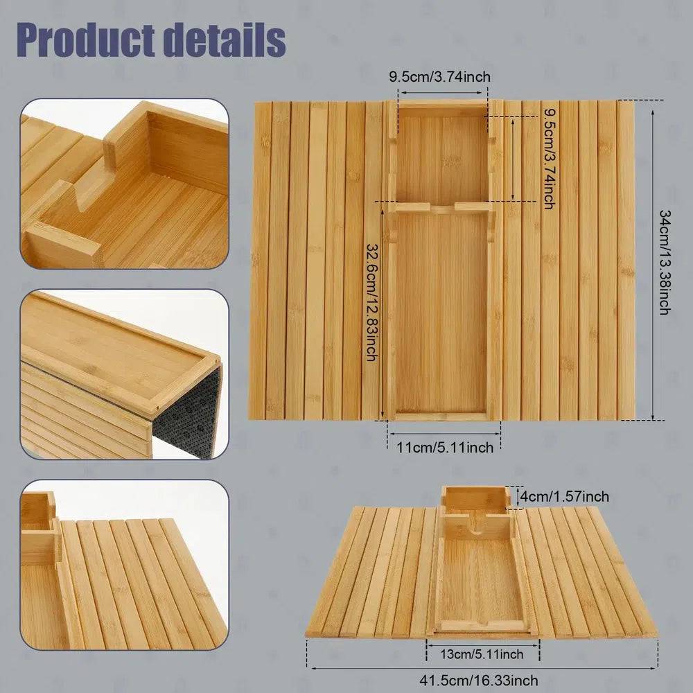 Foldable Bamboo Sofa Armrest Tray with Cup Holder and Anti-Slip Design