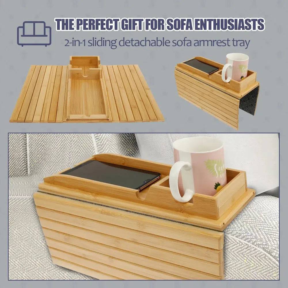 Foldable Bamboo Sofa Armrest Tray with Cup Holder and Anti-Slip Design