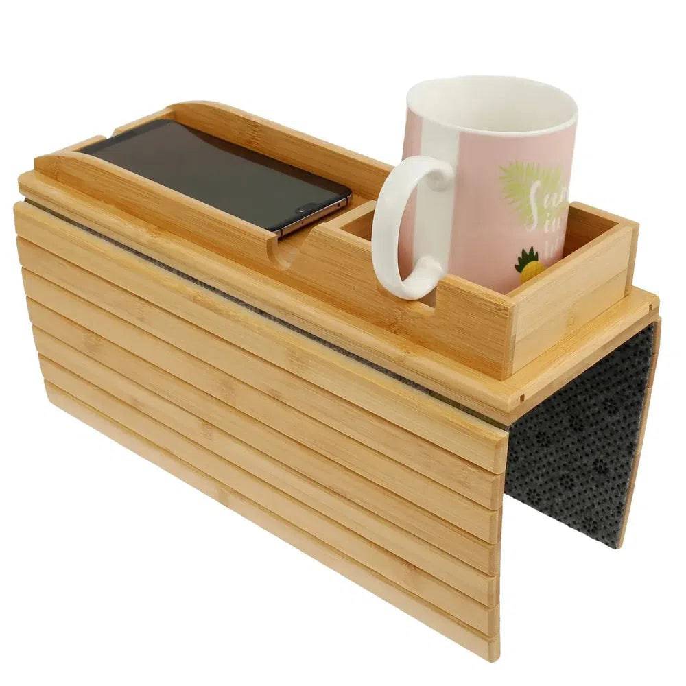 Foldable Bamboo Sofa Armrest Tray with Cup Holder and Anti-Slip Design