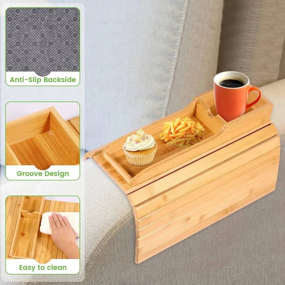 Foldable Bamboo Sofa Armrest Tray with Cup Holder and Anti-Slip Design
