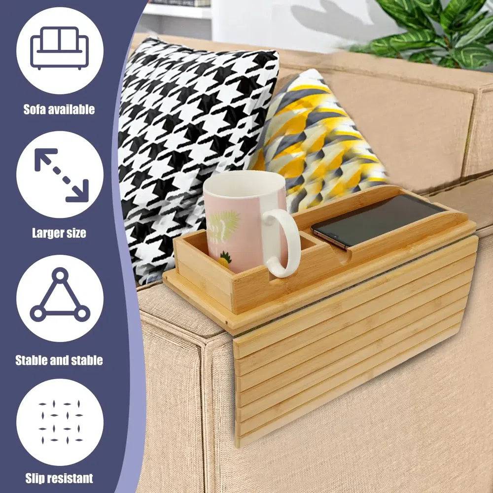 Foldable Bamboo Sofa Armrest Tray with Cup Holder and Anti-Slip Design