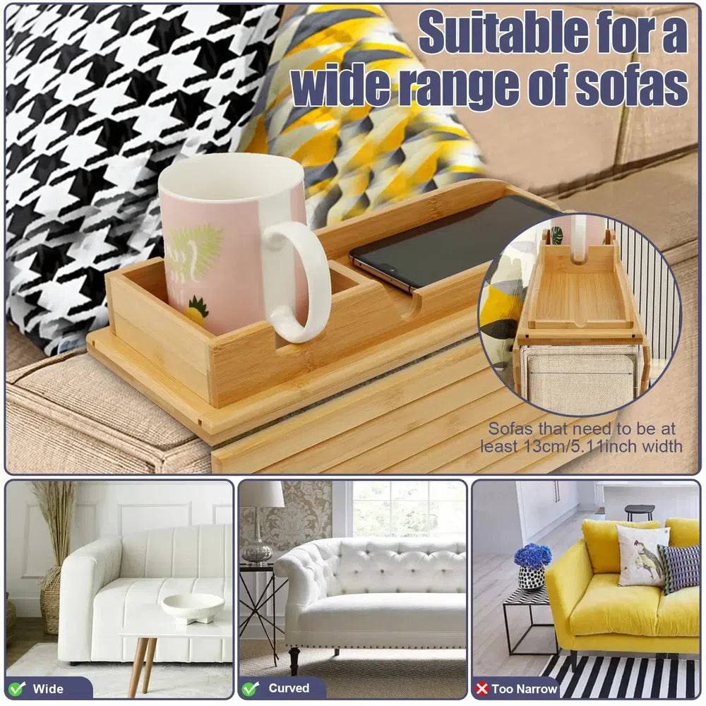 Foldable Bamboo Sofa Armrest Tray with Cup Holder and Anti-Slip Design