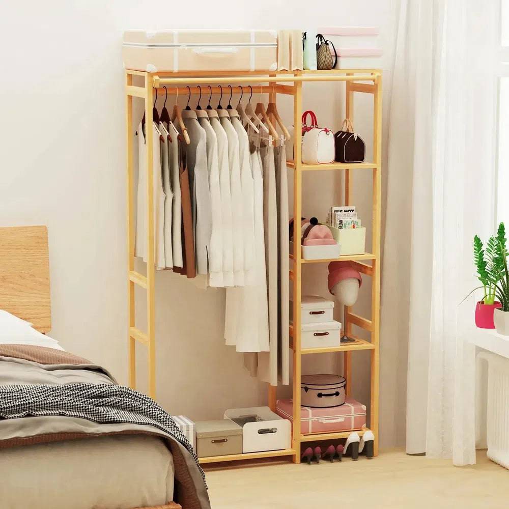 Bamboo Garment Rack with Shelves and Curtain