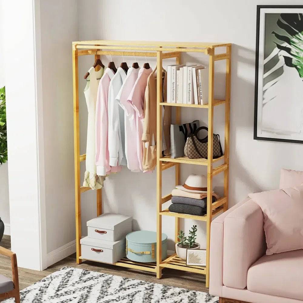 Bamboo Garment Rack with Shelves and Curtain
