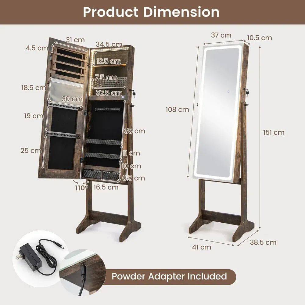 Lockable Standing Jewellery Cabinet with Organiser