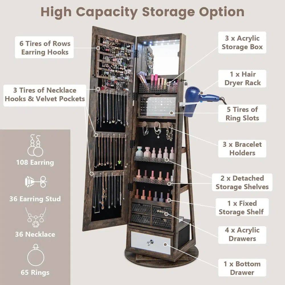 Rotating Jewellery Armoire with Full-Length Mirror