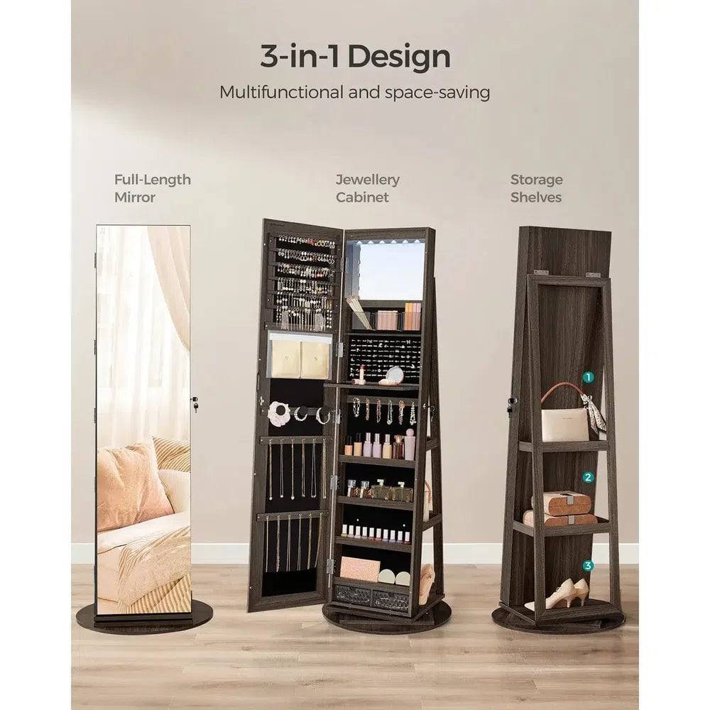 Swivel Mirror Jewellery Cabinet with LED Lighting