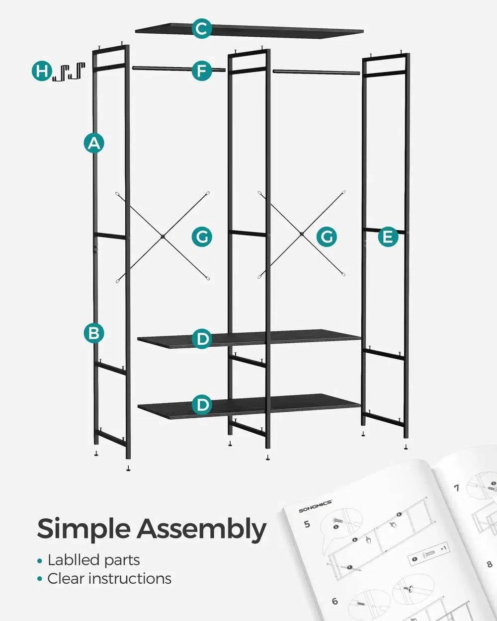 Freestanding Clothes Wardrobe with Hanging Rods and Storage Shelves