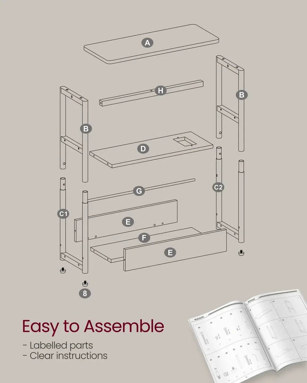 Slim Three-Tier Side Table with Charging Station and Magazine Rack