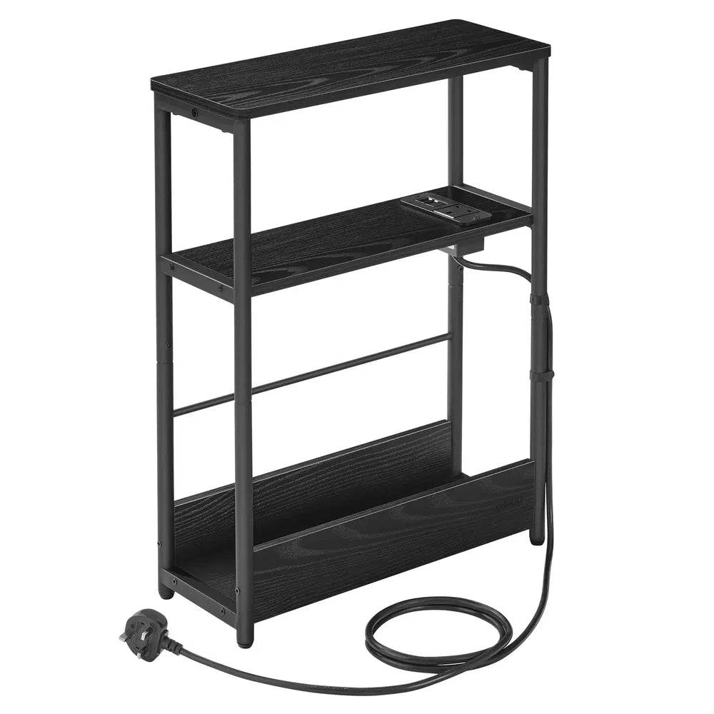 Slim Three-Tier Side Table with Charging Station and Magazine Rack