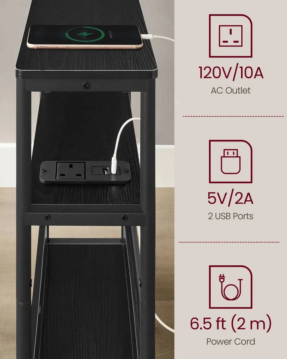 Slim Three-Tier Side Table with Charging Station and Magazine Rack