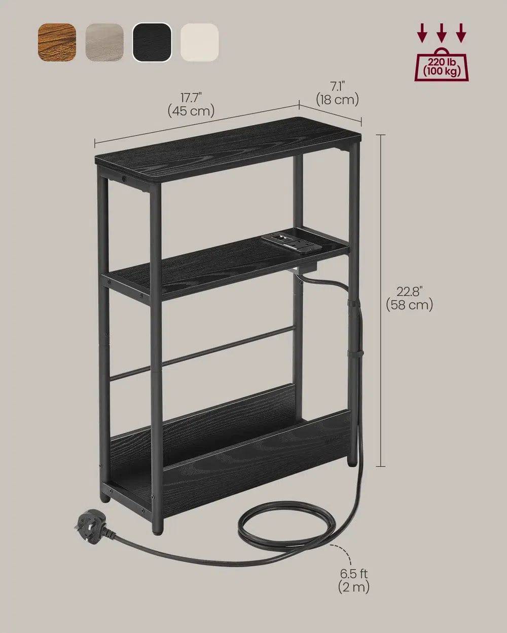 Slim Three-Tier Side Table with Charging Station and Magazine Rack