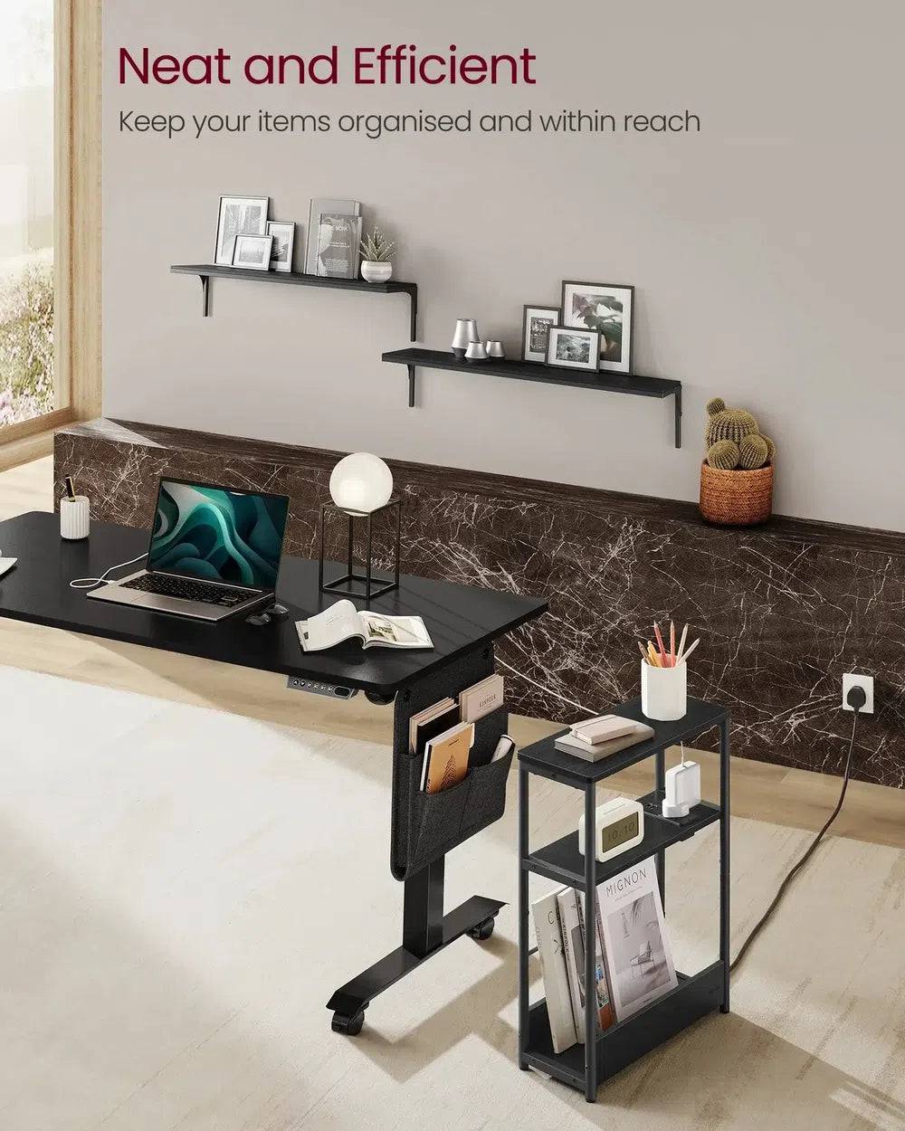 Slim Three-Tier Side Table with Charging Station and Magazine Rack