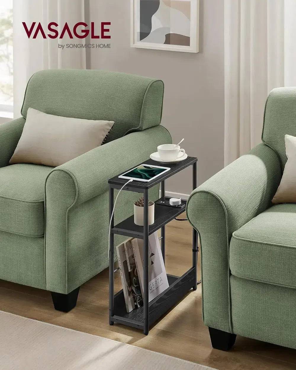 Slim Three-Tier Side Table with Charging Station and Magazine Rack