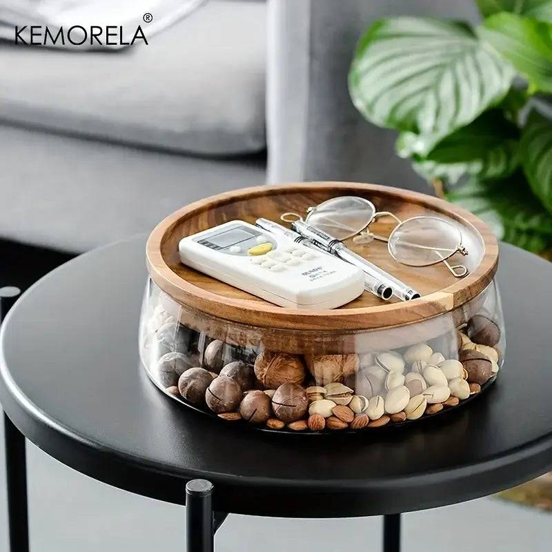 Double-Layer Glass Food Container with Wooden Lid and Tray