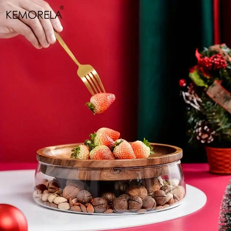 Double-Layer Glass Food Container with Wooden Lid and Tray