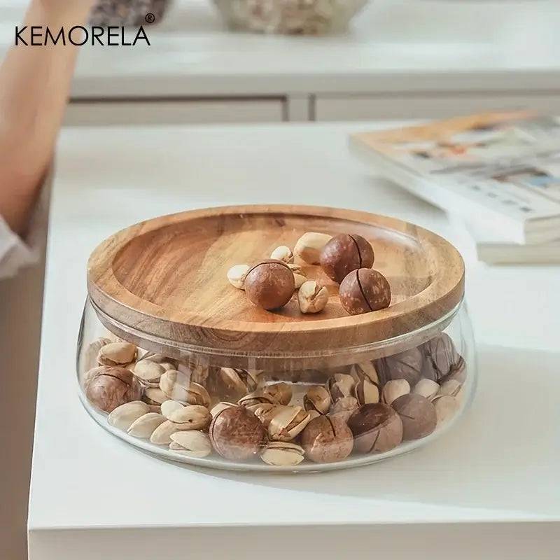 Double-Layer Glass Food Container with Wooden Lid and Tray
