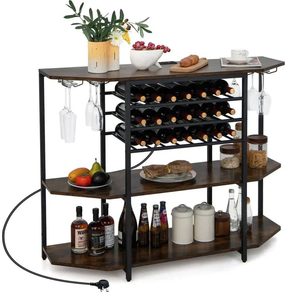 Three-Tier Industrial Wine Bar Cabinet with Storage Shelves and Glass Holder