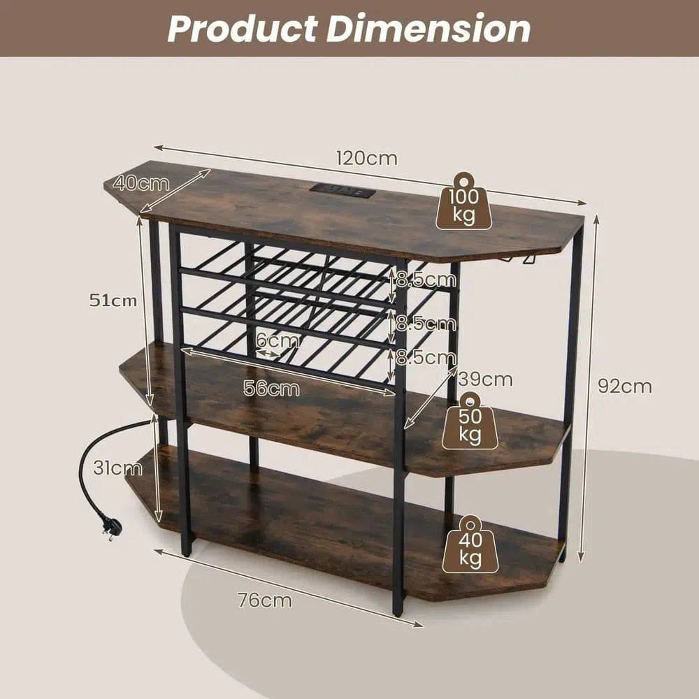 Three-Tier Industrial Wine Bar Cabinet with Storage Shelves and Glass Holder