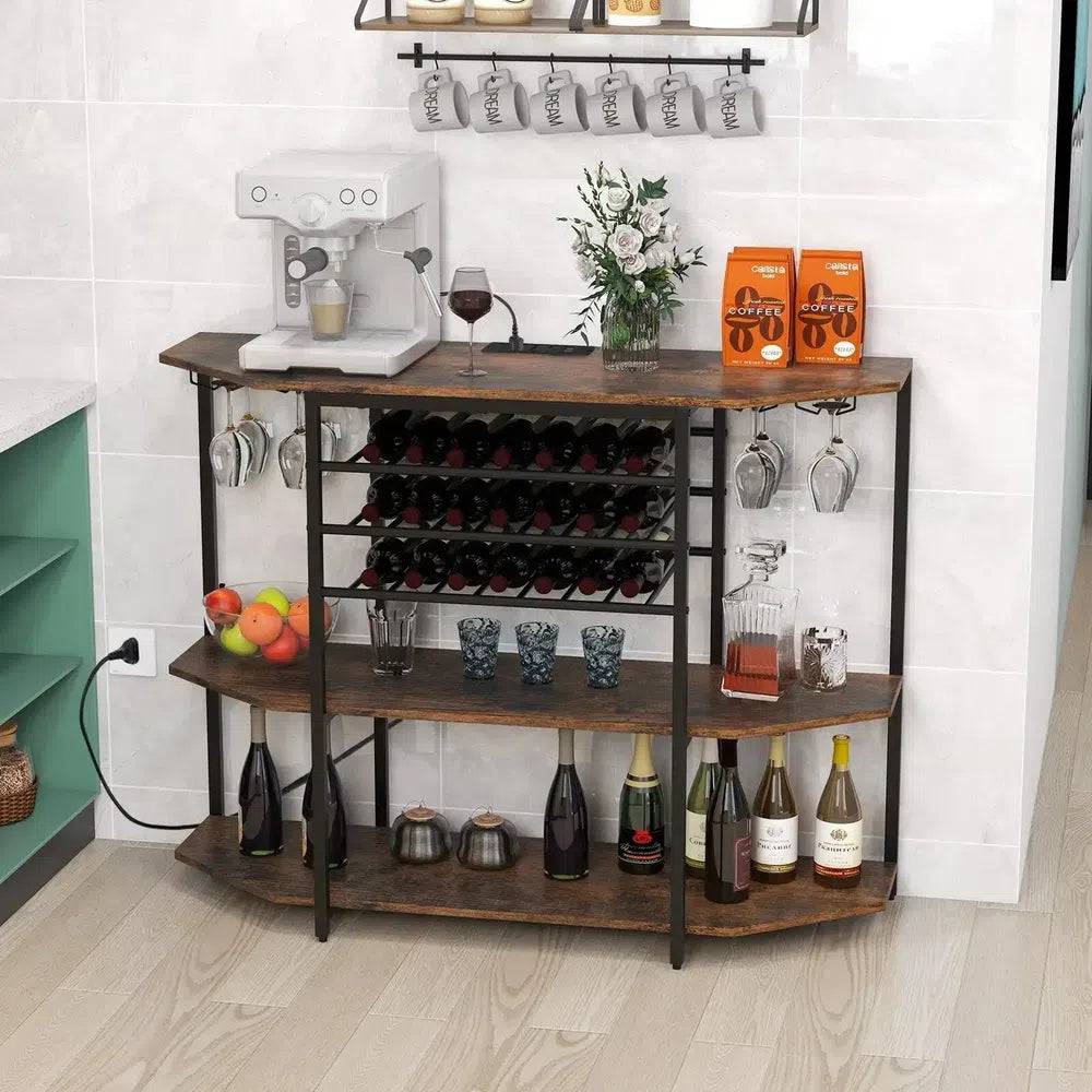 Three-Tier Industrial Wine Bar Cabinet with Storage Shelves and Glass Holder