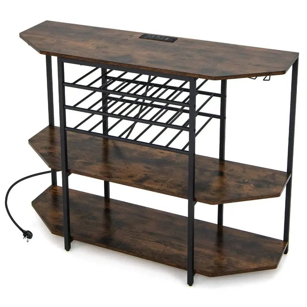 Three-Tier Industrial Wine Bar Cabinet with Storage Shelves and Glass Holder
