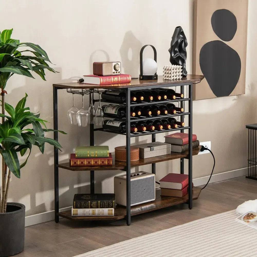 Three-Tier Industrial Wine Bar Cabinet with Storage Shelves and Glass Holder