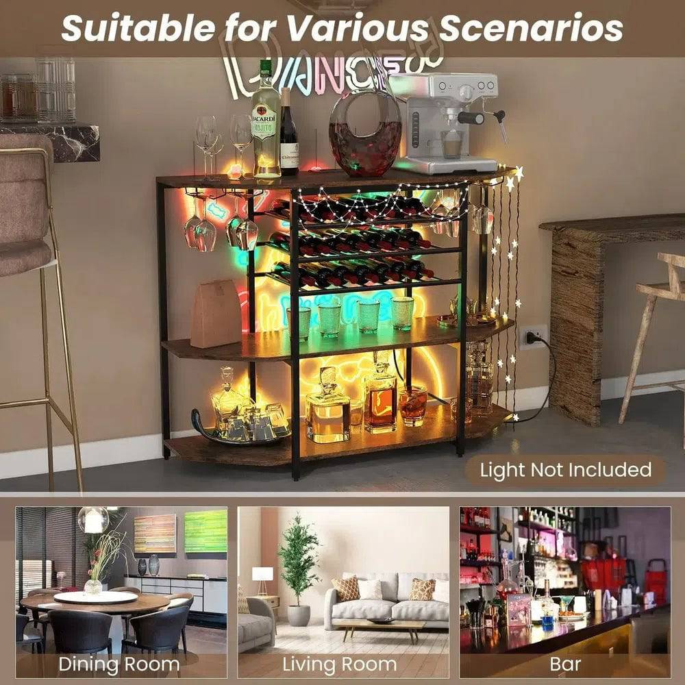 Three-Tier Industrial Wine Bar Cabinet with Storage Shelves and Glass Holder