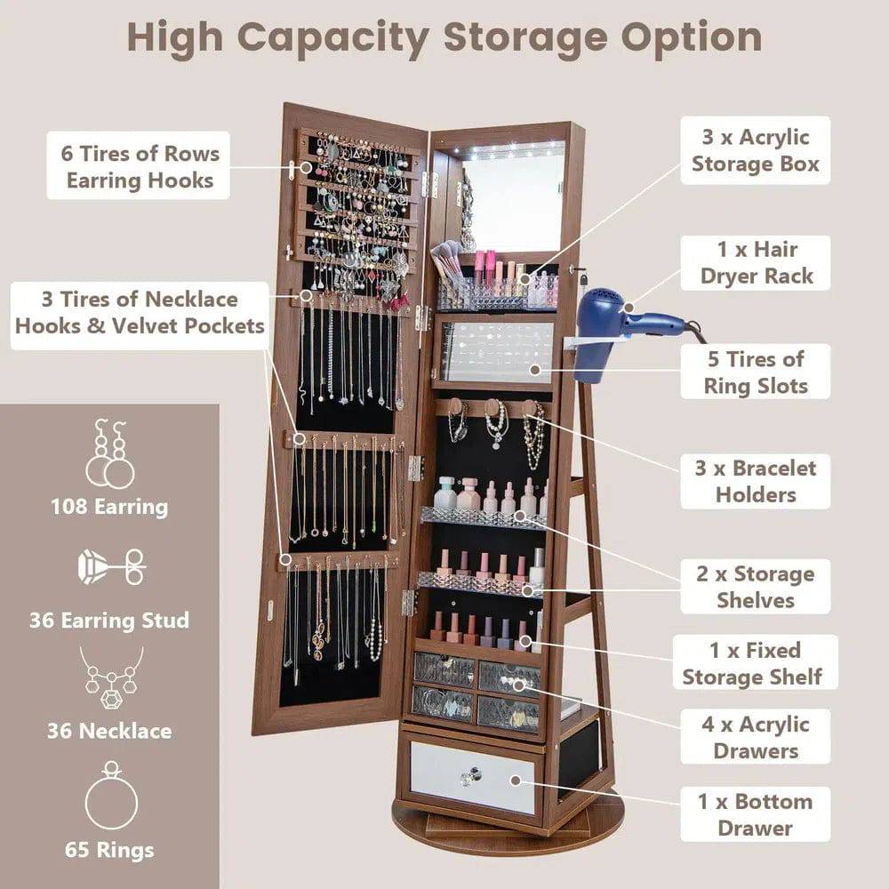 360° Rotating Jewellery Armoire with Full-Length Mirror