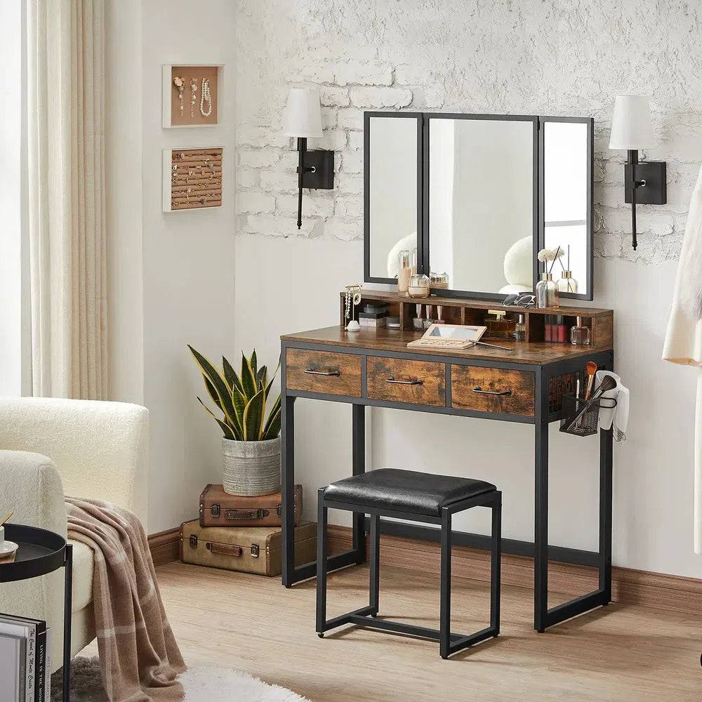 Minimalist Modern Dressing Table with Tri-Fold Mirror Stool and Storage Drawers