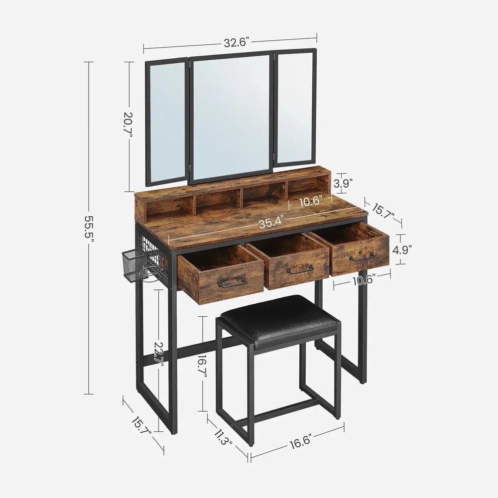 Minimalist Modern Dressing Table with Tri-Fold Mirror Stool and Storage Drawers