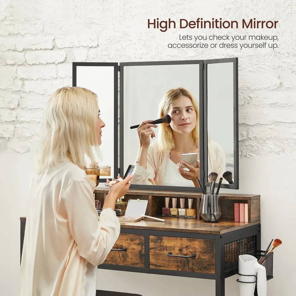 Minimalist Modern Dressing Table with Tri-Fold Mirror Stool and Storage Drawers