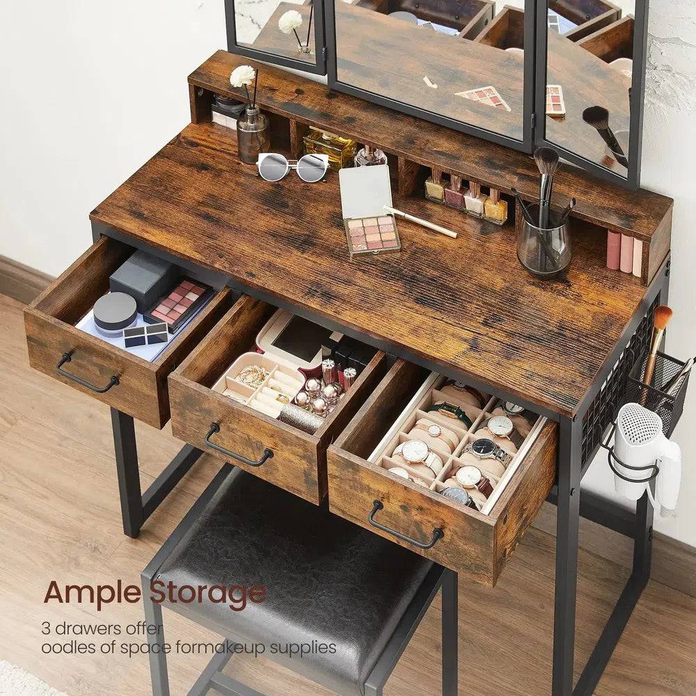 Minimalist Modern Dressing Table with Tri-Fold Mirror Stool and Storage Drawers