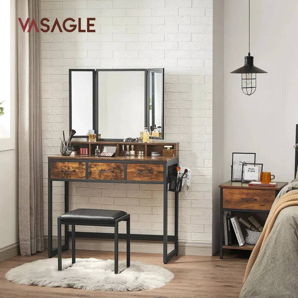 Minimalist Modern Dressing Table with Tri-Fold Mirror Stool and Storage Drawers